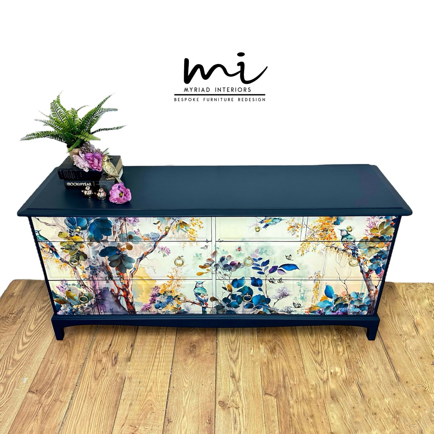 MADE TO ORDER Refurbished vintage Stag Minstrel large captains chest of drawers, navy blue, floral bird design, dresser, large sideboard mid century, teal