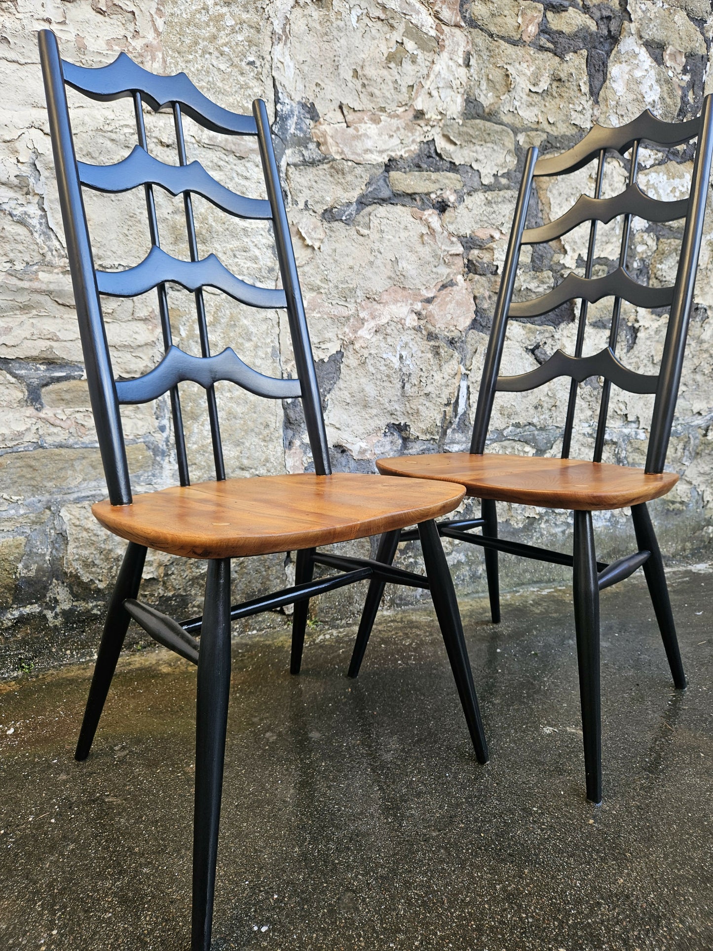 Set Of Four Ercol Batwing Dining Chairs Model Number 496 In Black Super Rare