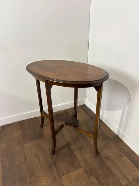Edwardian Oval Mahogany Inlaid Occasional Table with Inlaid Stretcher Base