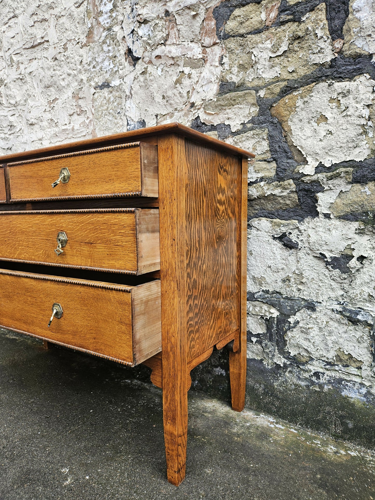 Vintage Oak Tallboy Chest of Drawers: Antique Cabinet with Detailing Four Drawer