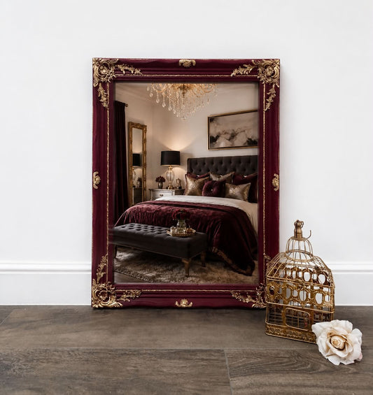 Large Vintage Burgundy & Gold Framed Wall Mirror | Ornate French Baroque Ornate Mirror | Can Be Hung Portrait or Landscape