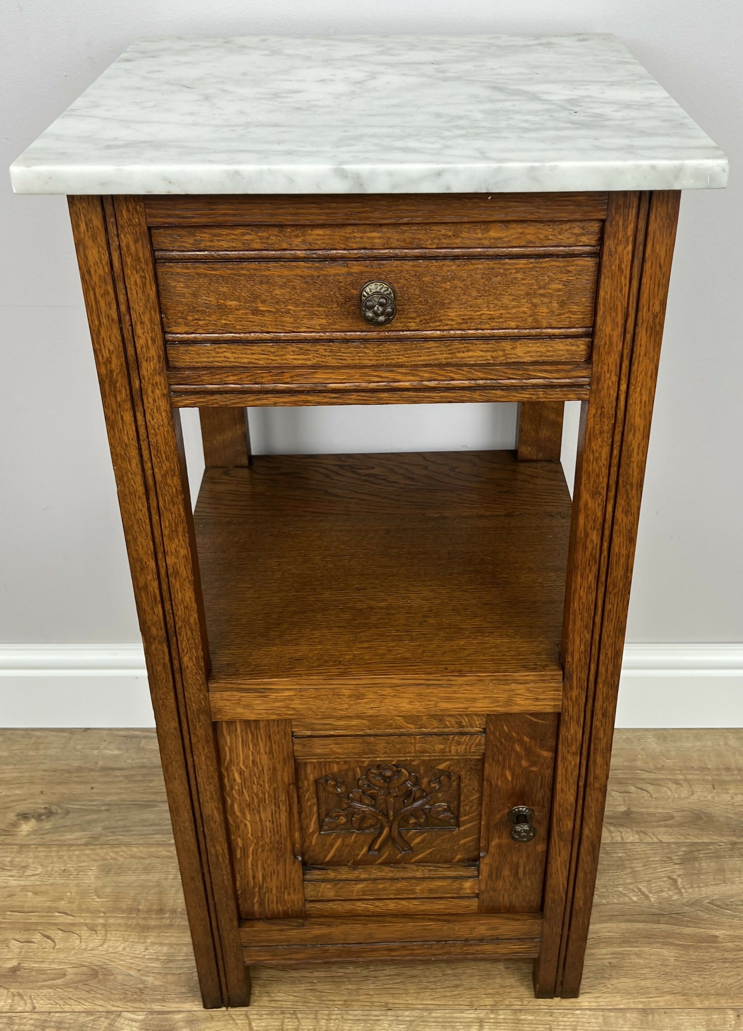 Bedside Table Antique French Style Marble Top Oak Cabinet Nightstand LOT 6241