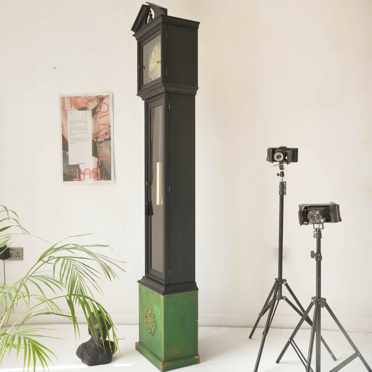 Grandfather Clock- Painted Clock Black Green Copper Patina - Tassel- Furniture