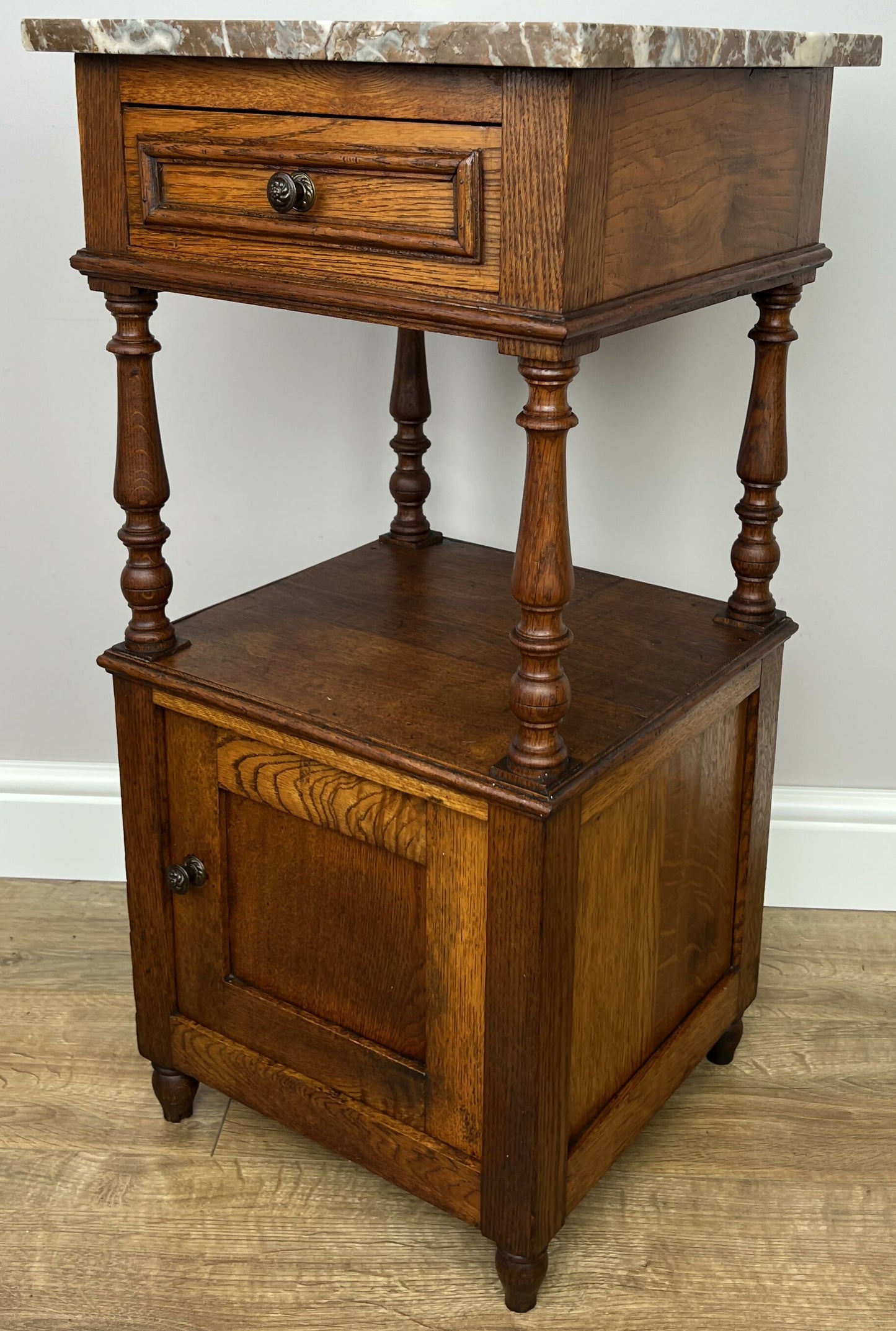 Bedside Table Antique French Style Marble Top Oak Cabinet Nightstand LOT 6243