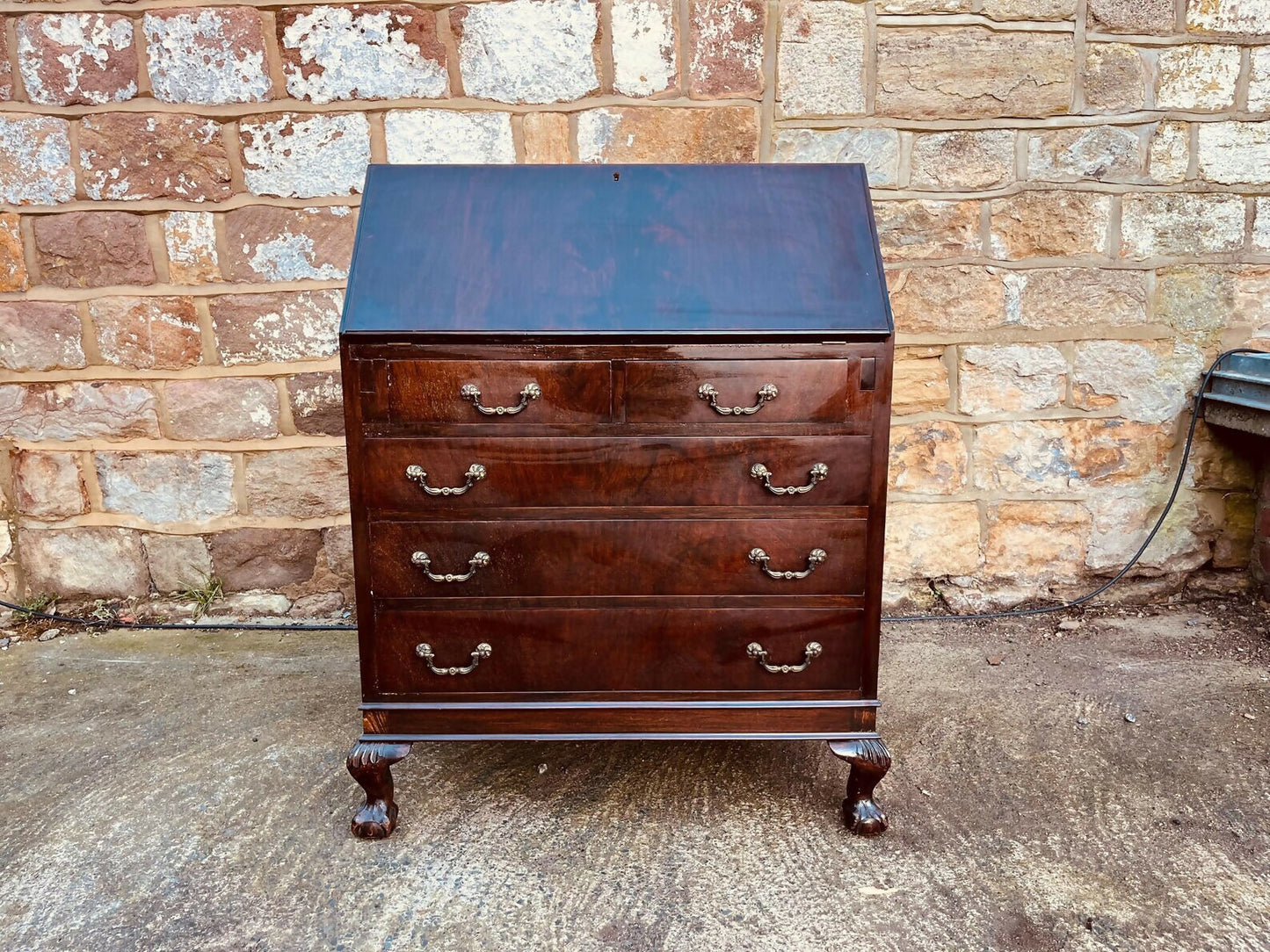 Mahogany Bureau Writing Desk – Ball & Claw Feet, Drop Front, Vintage Secretary Desk, Home Office Storage, Green Leather Writing Surface