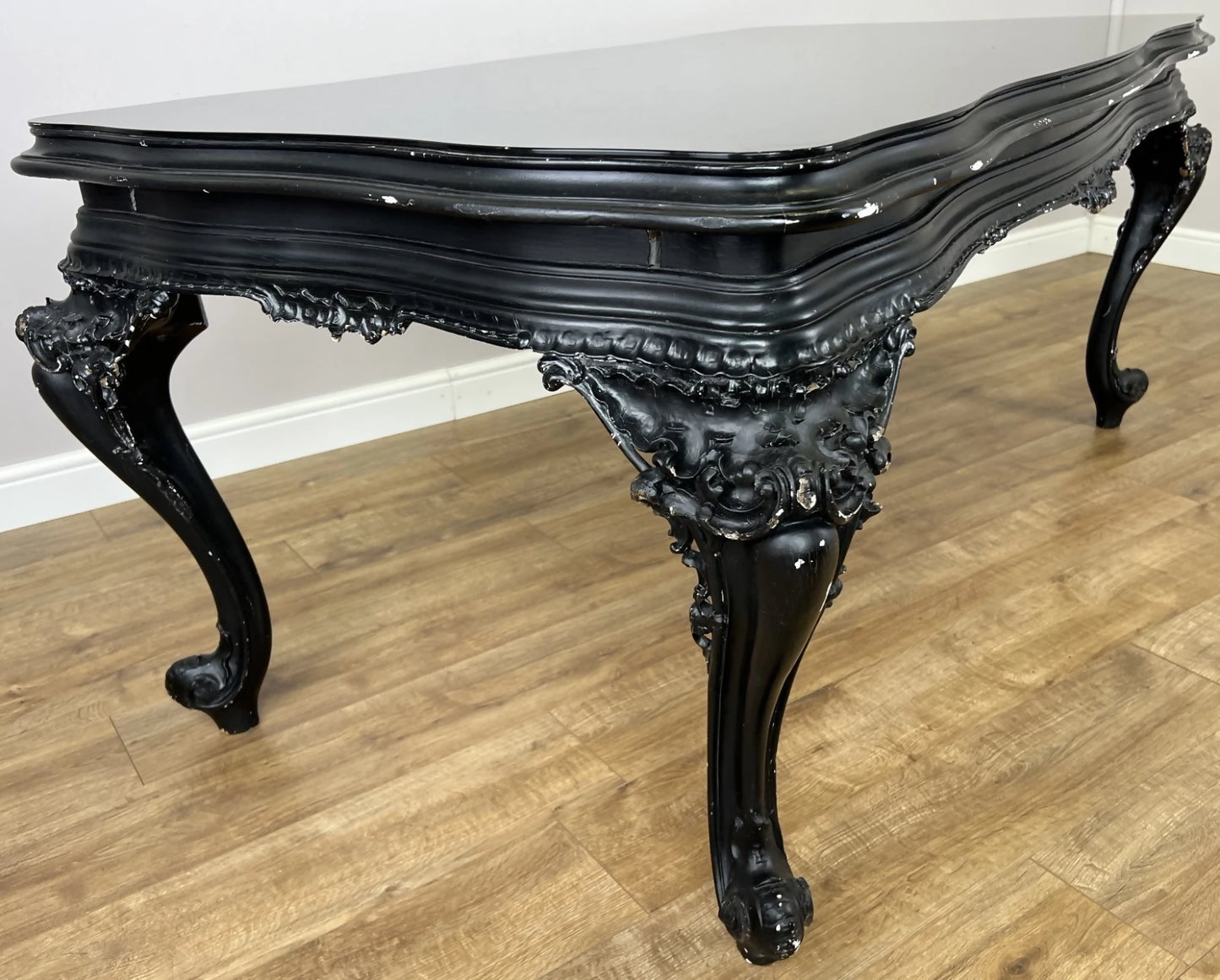 Double Sided Desk Antique French Style Black Painted Heavy Carved Table LOT 6186
