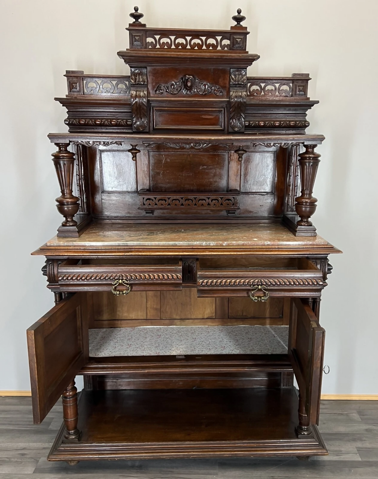 Sideboard Antique French Style Walnut Marble Display Cabinet Cupboard LOT 3576