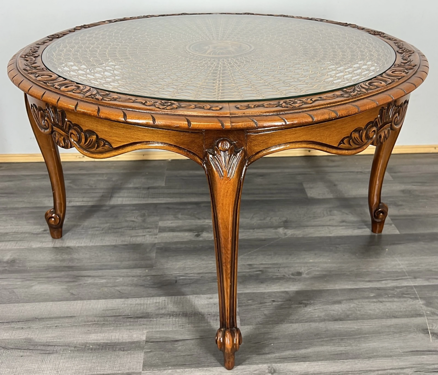 Coffee Table Vintage French Louis XIV Glass Top Ornate Cane Round Table LOT 3941