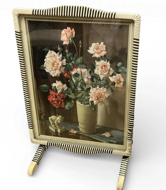1950s firescreen table with lithograph, convertible fire screen, Edwin Byatt MCM