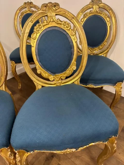 Set of Five Antique French Rococo Style Gilt Dining Chairs