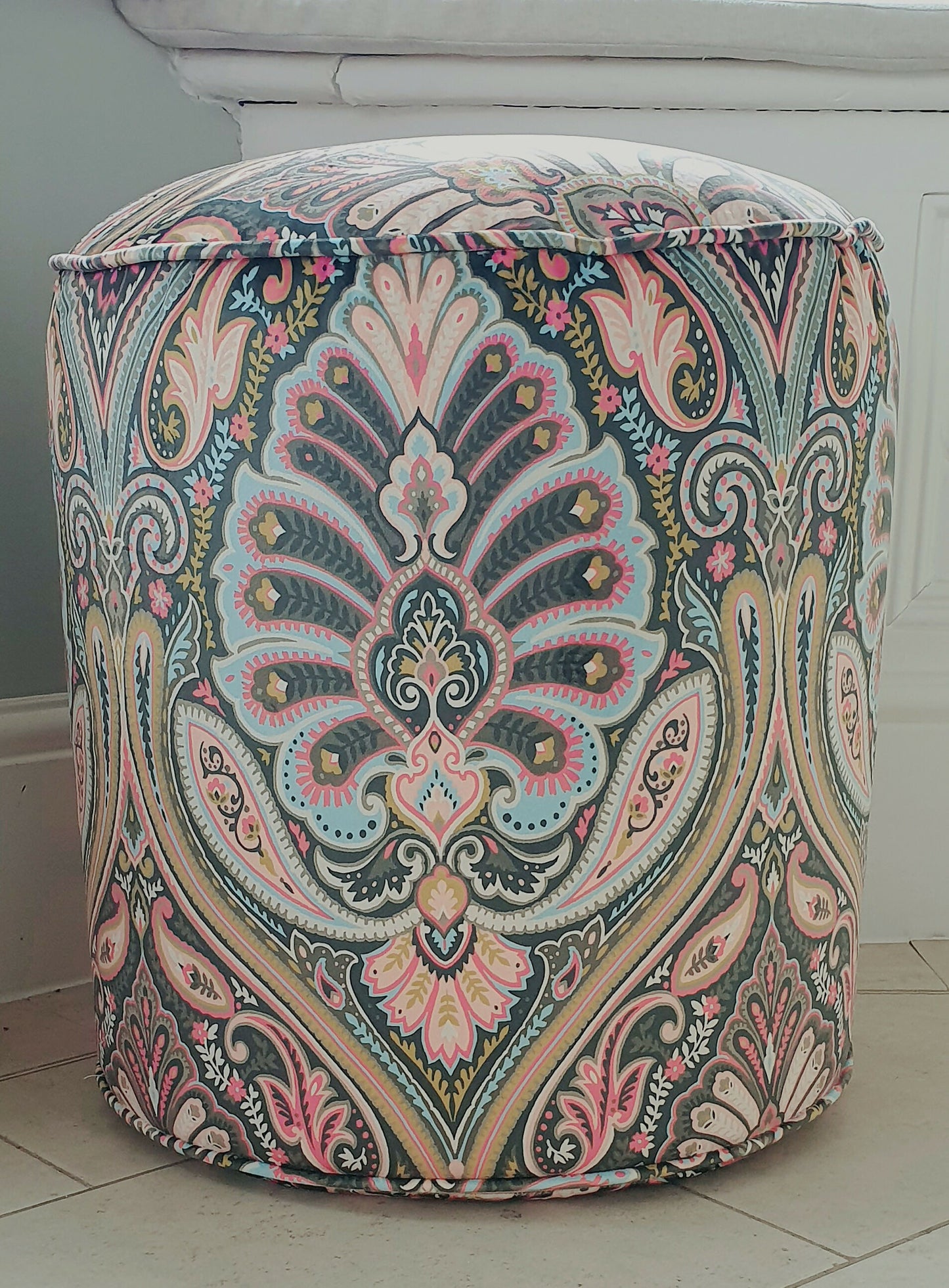 Footstool Circular Drum Style Newly Reuphstered in 'Antigua' Velvet.