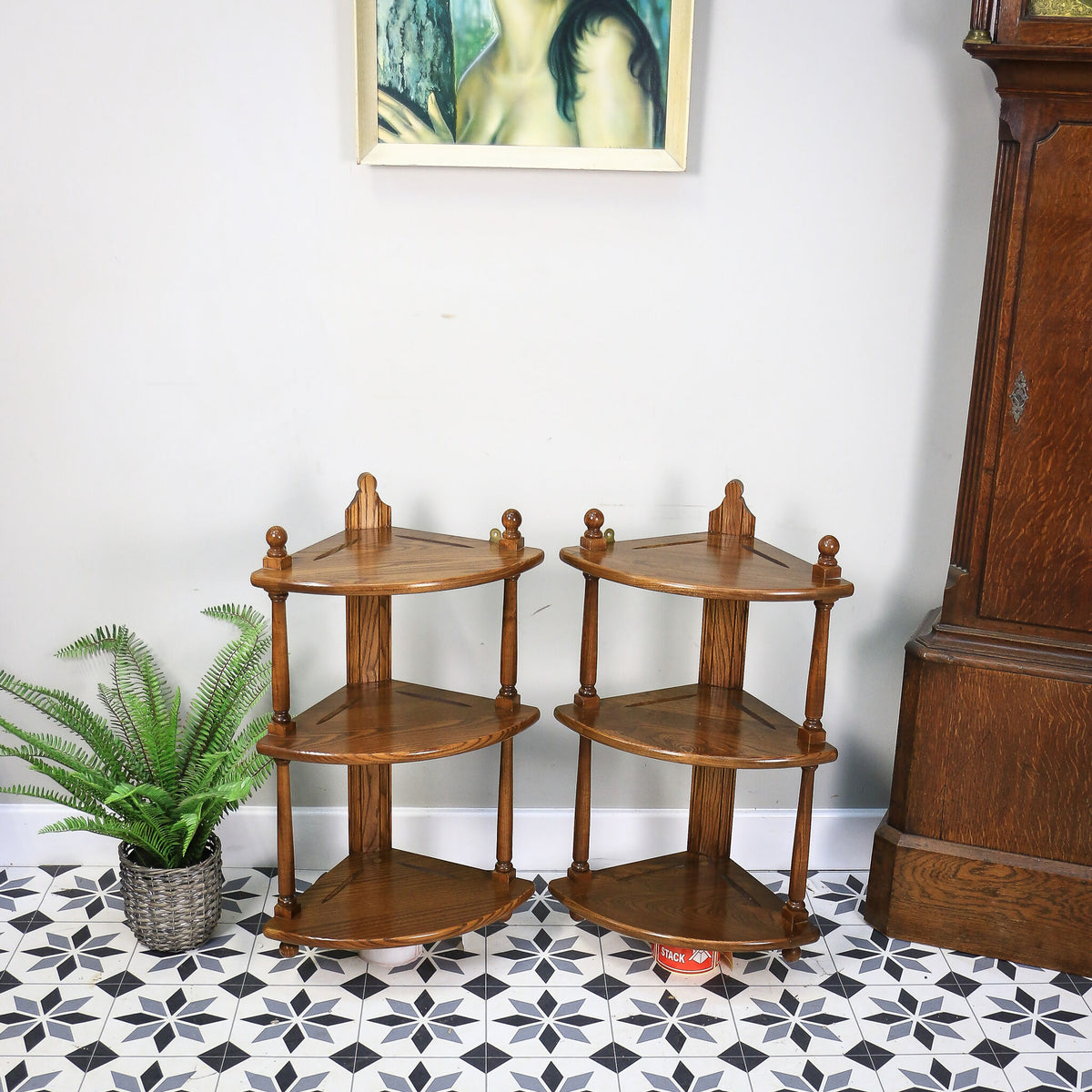 A Pair Ercol Windsor Wall Hanging Corner Units Hanging Shelves in Golden Dawn