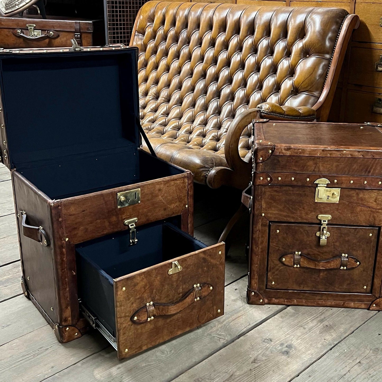 English Bridle Vintage Leather Side Table Trunk - Handmade Bedroom Furniture Pair Bespoke Chest