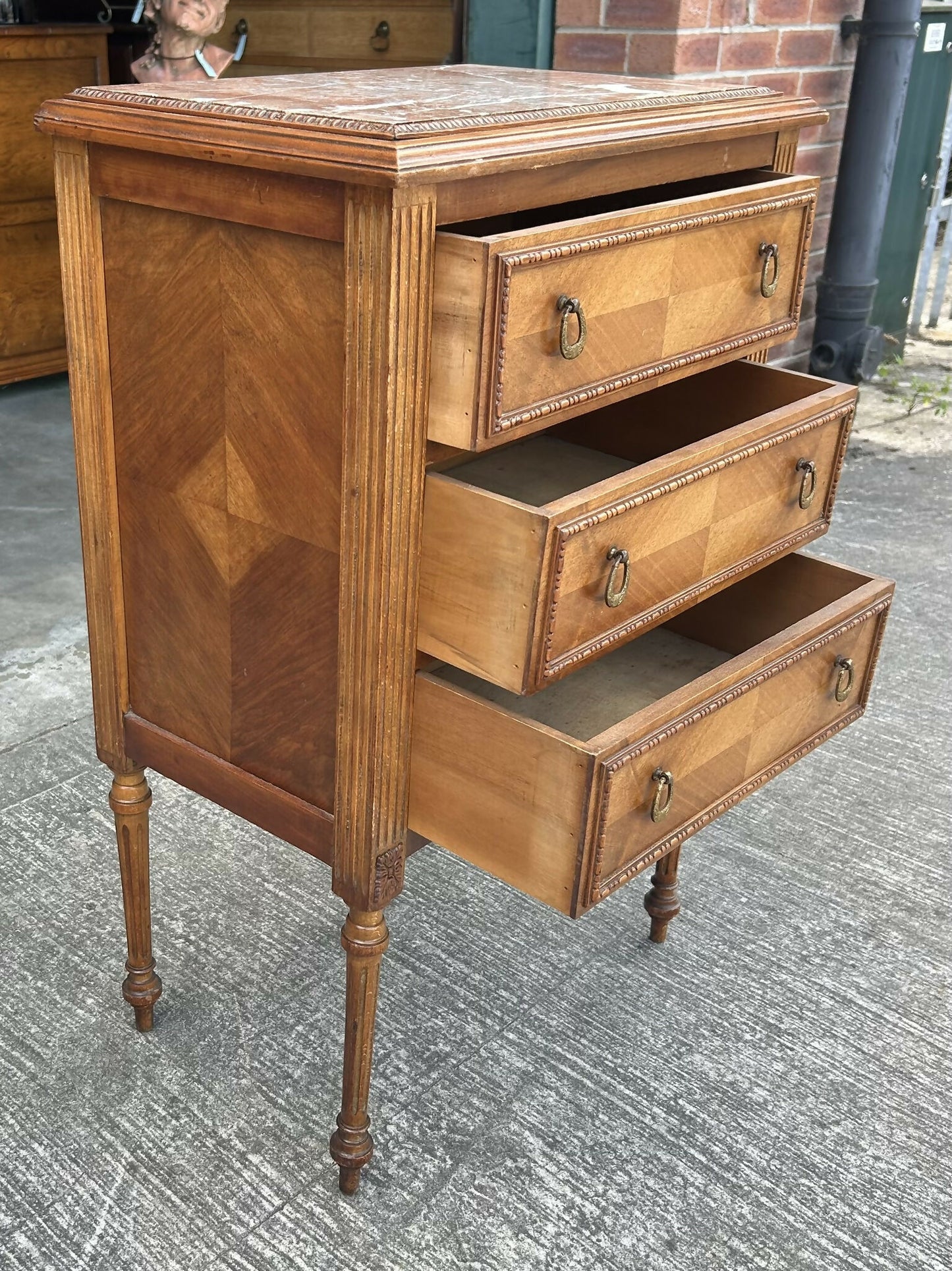 Antique French Louis XVI Style Walnut Marble Topped Bedside Chest Of Drawers