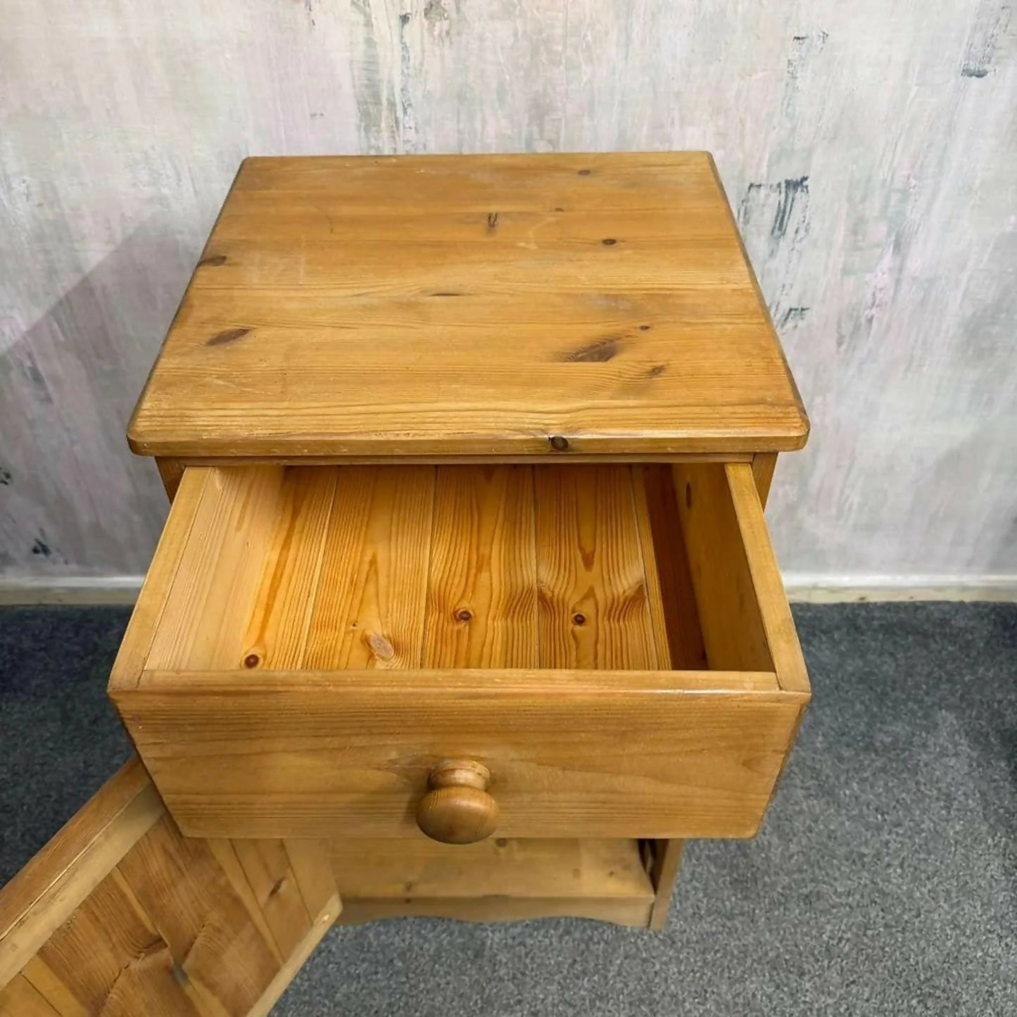 Pine Side Pot Cupboard Single Drawer Over Cupboard Knob Handles Scalloped Edge