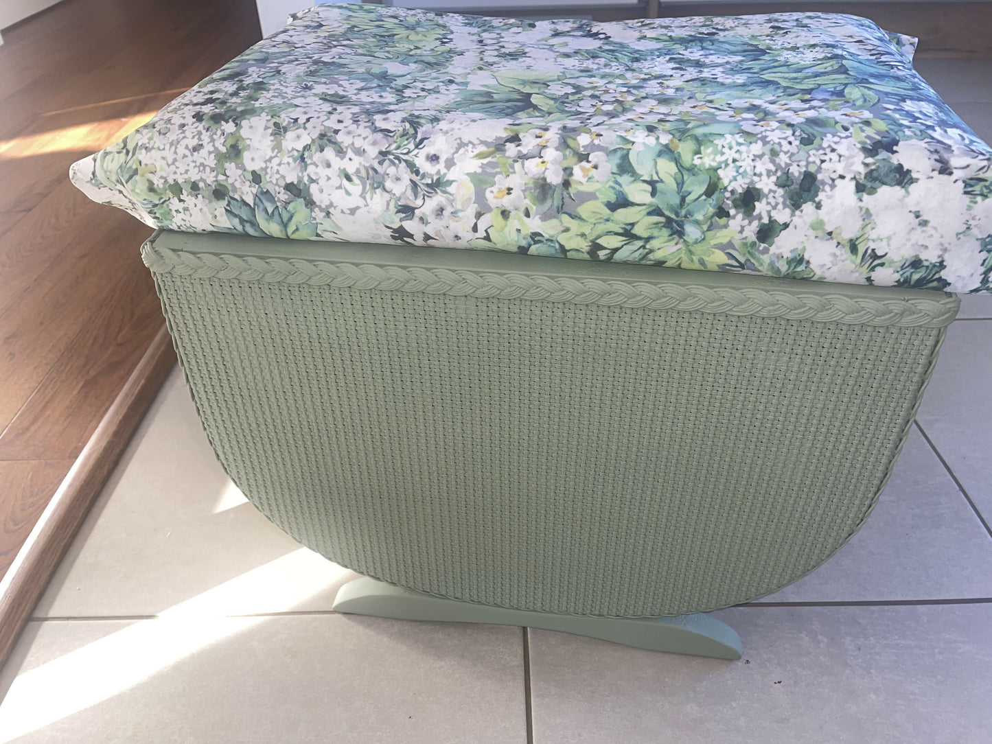 Small mid century Ottoman storage and seat. Sage green paint makes you choose the material.