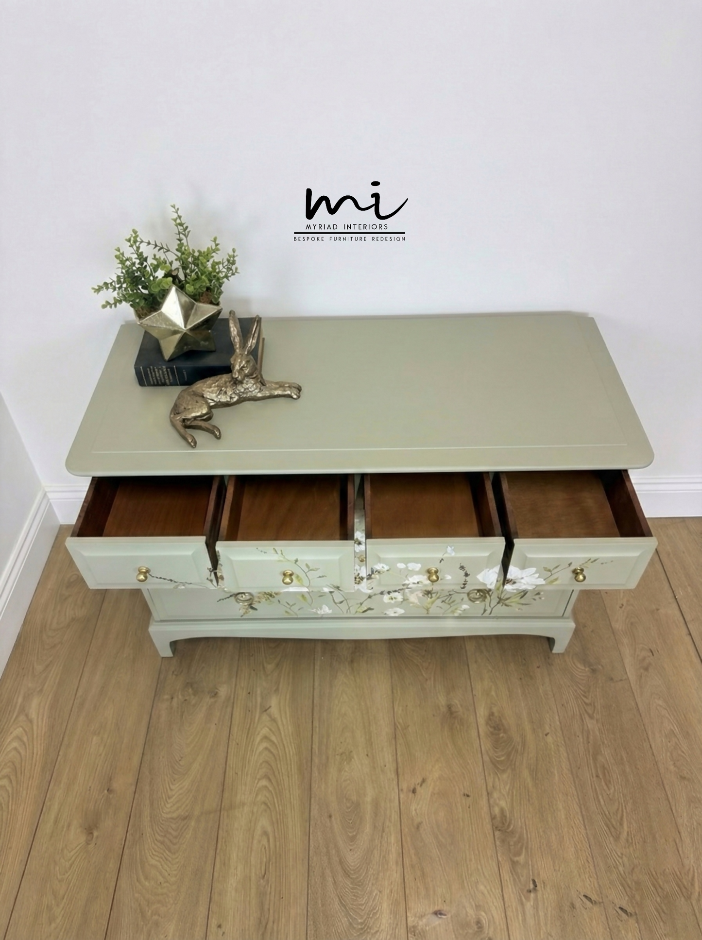 Refinished Stag Minstrel 4 over 2 chest of drawers in eucalyptus green with pretty floral design, dresser, dressing table pale sage, vintage