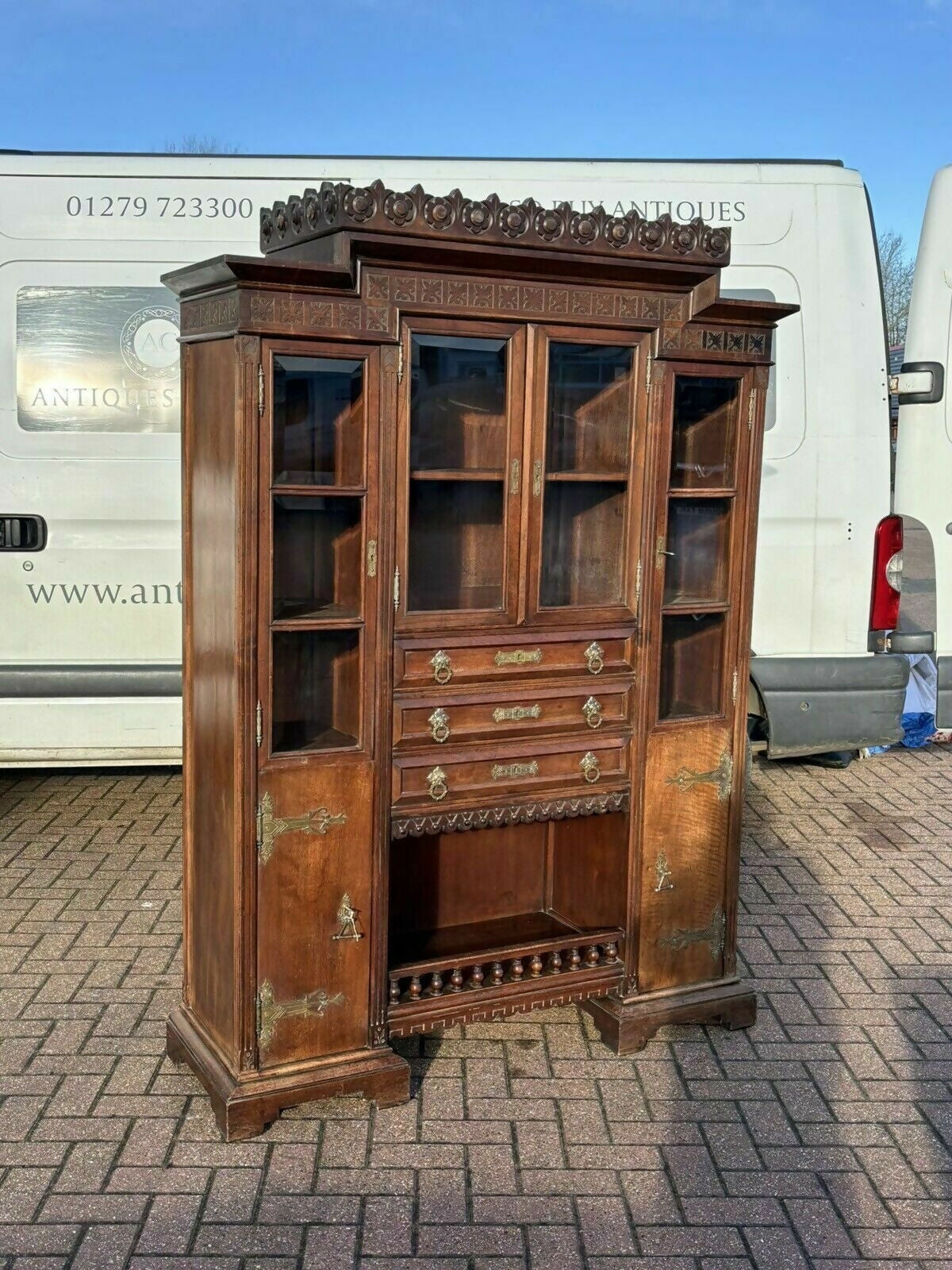 Arts & Crafts French Walnut Bookcase / Cupboard With Fitted Shelves & Drawers