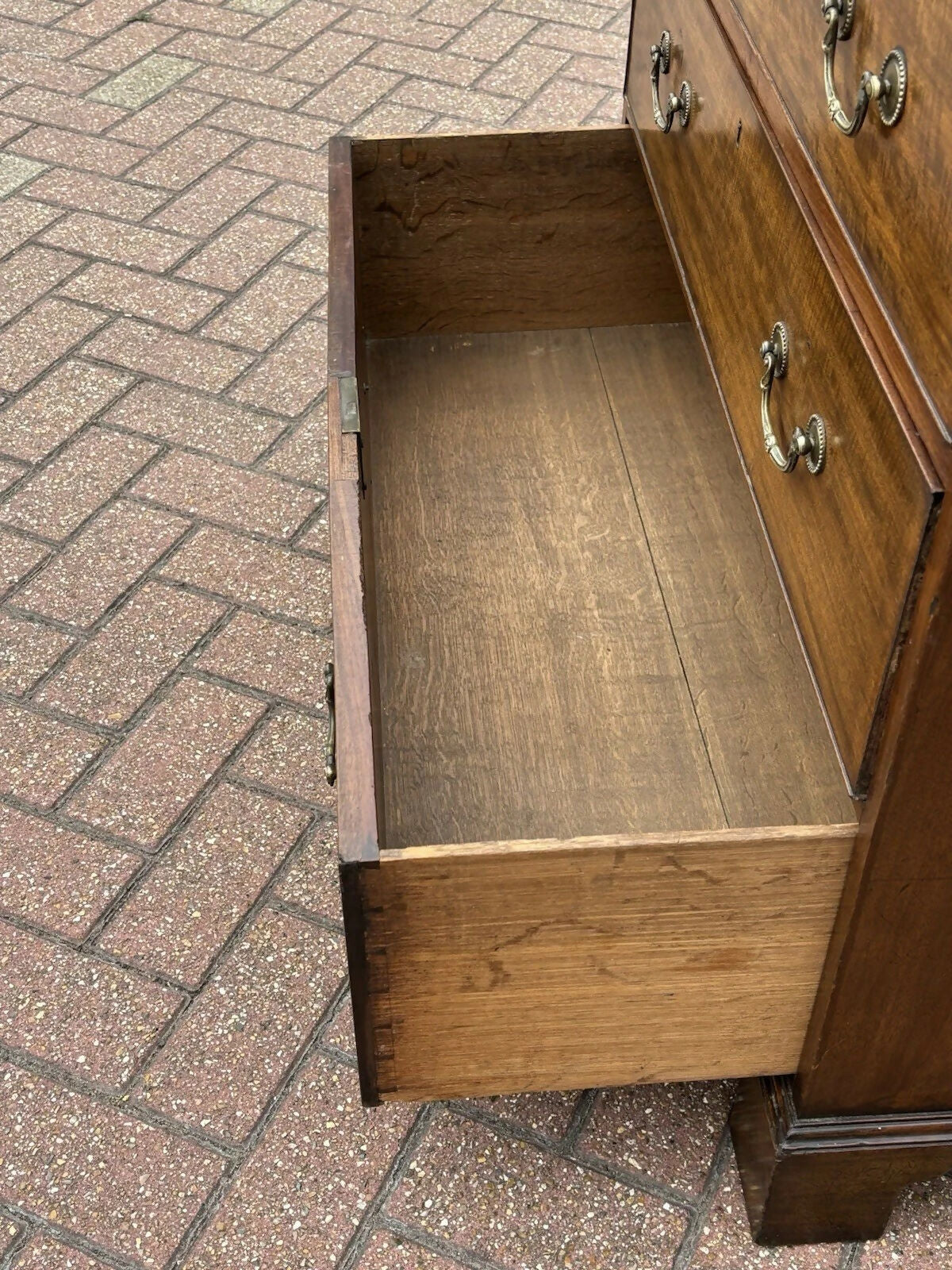 Vintage Mahogany Chest Of Drawers. Brass Handles, Bracket Feet, Fine Propotions