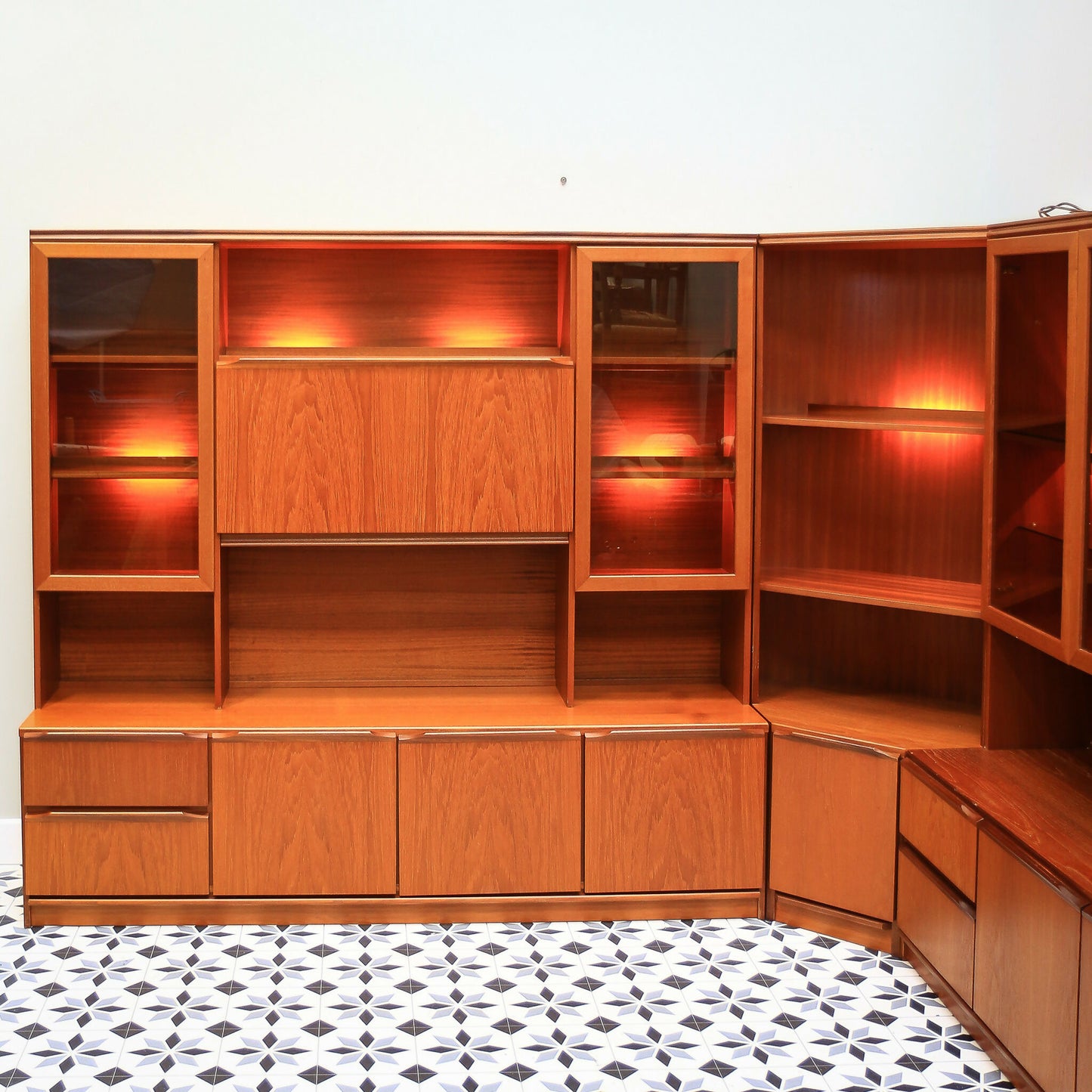 Teak Mid Century Wall Units by Morris of Glasgow. 1970s Display Drinks Cabinet