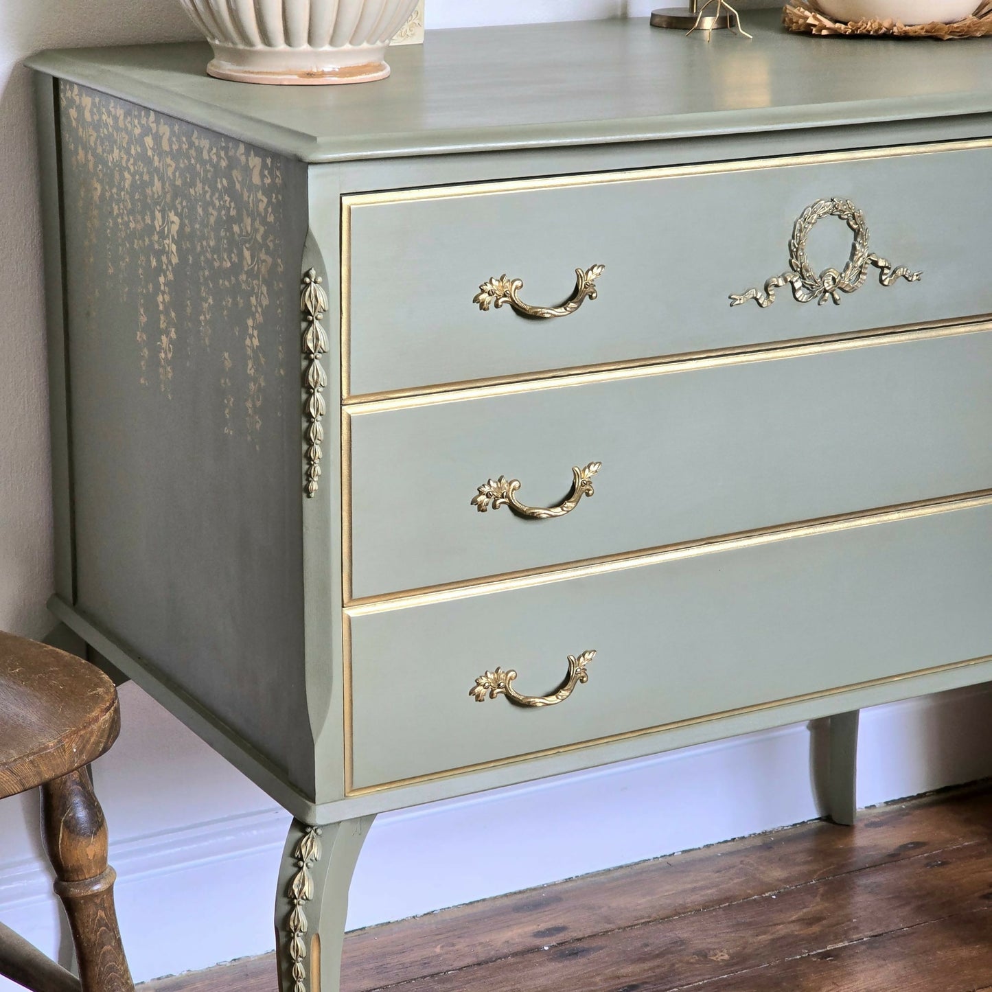 Vintage Louis Style Olympus Chest of Drawers | Upcycled in Sage Green & Gold