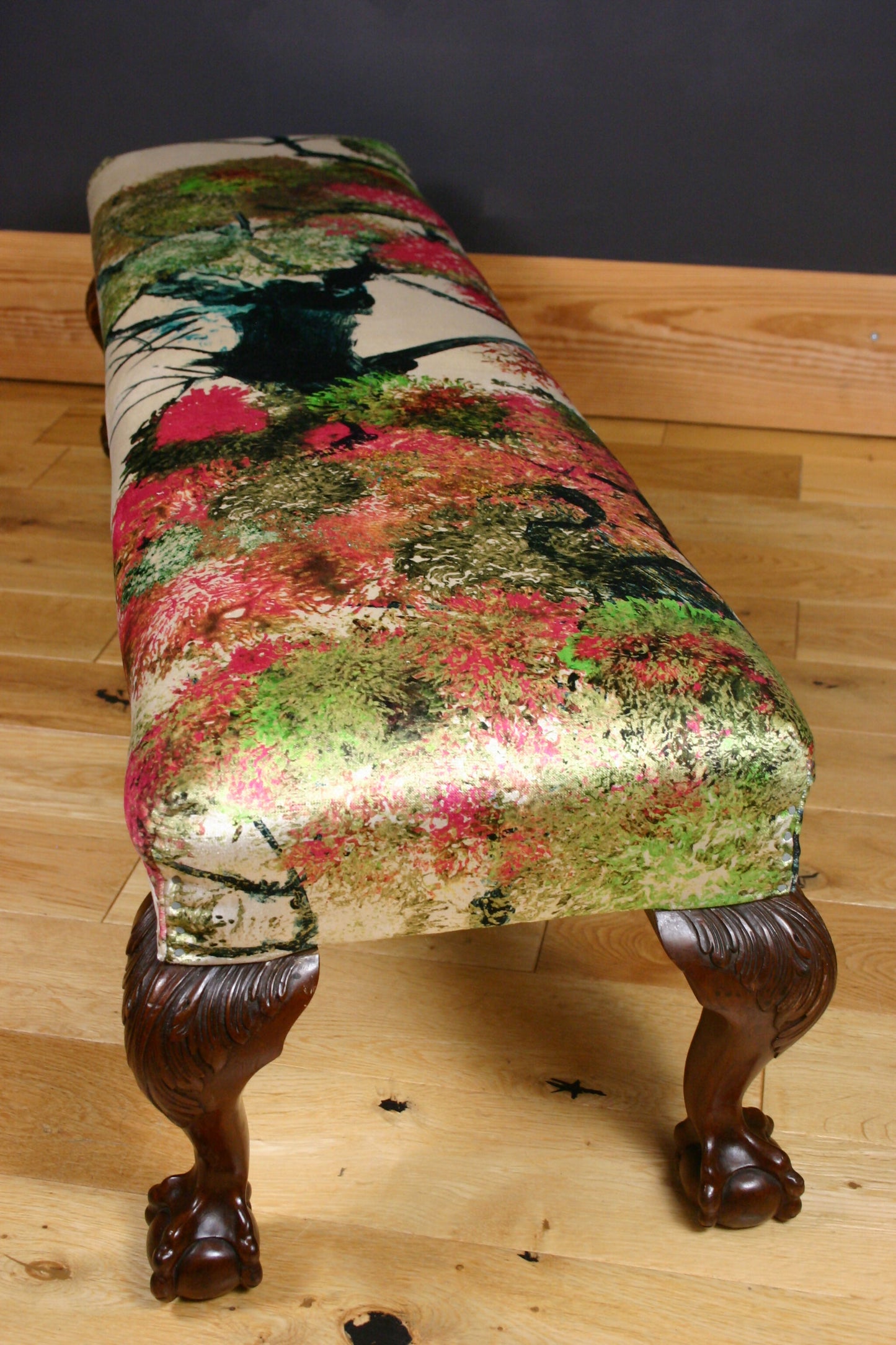 Maple & Co Oversized Antique c1900 Bench Footstool in Timorous Beasties Pinyin Tree Velvet