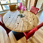 Original, Bespoke made Solid Cable Reel Round Dining Table, with four Bespoke made Dark Fuchsia Chairs