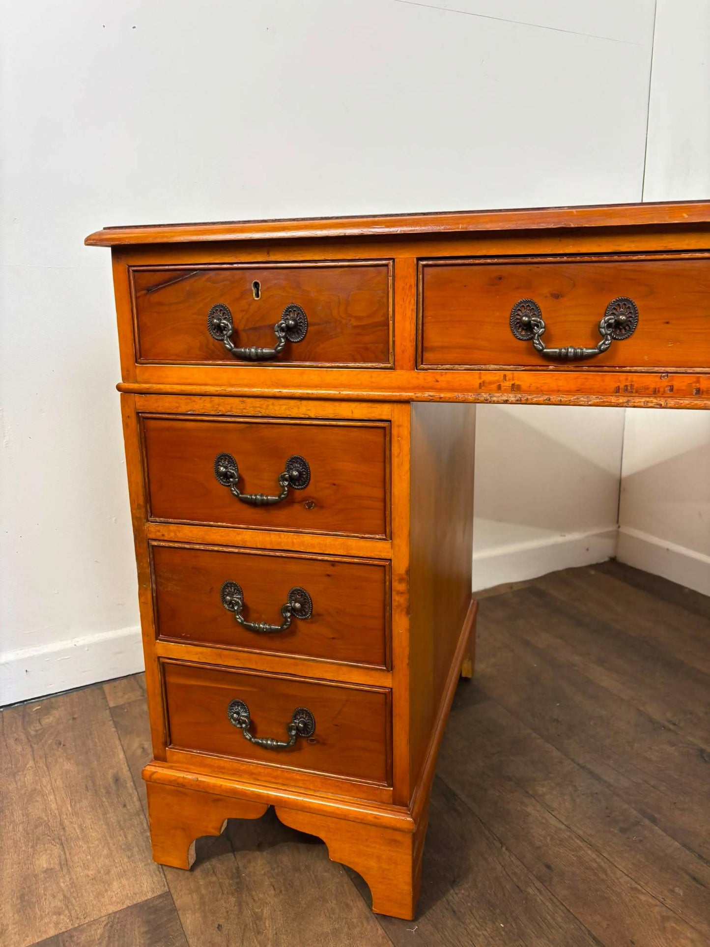 Reproduction Yew Twin Pedestal Desk with Leather Top