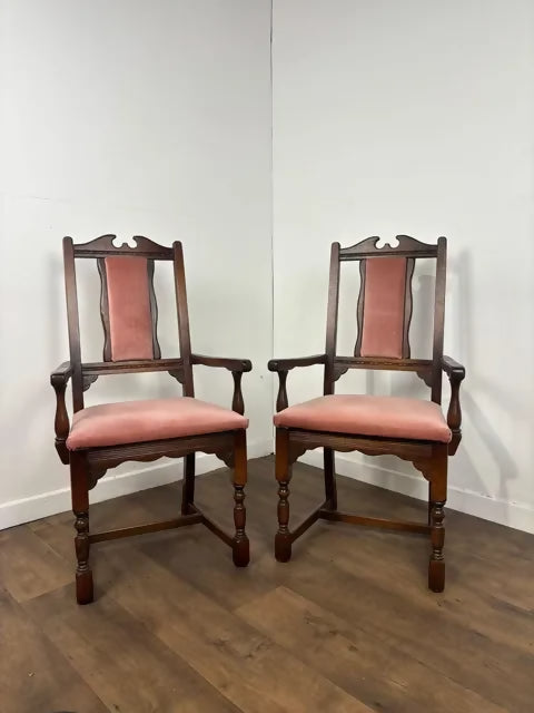 Pair Of Vintage Oak Armchairs With Pink Upholstered Seats & Backs