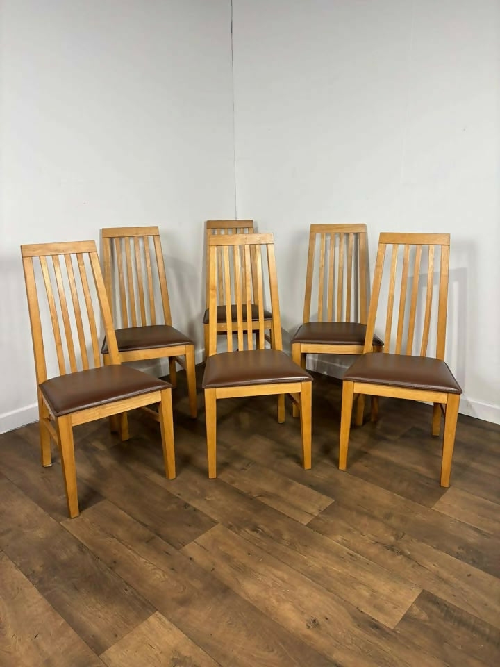 Set Of Six Modern High Back Oak Dining Chairs
