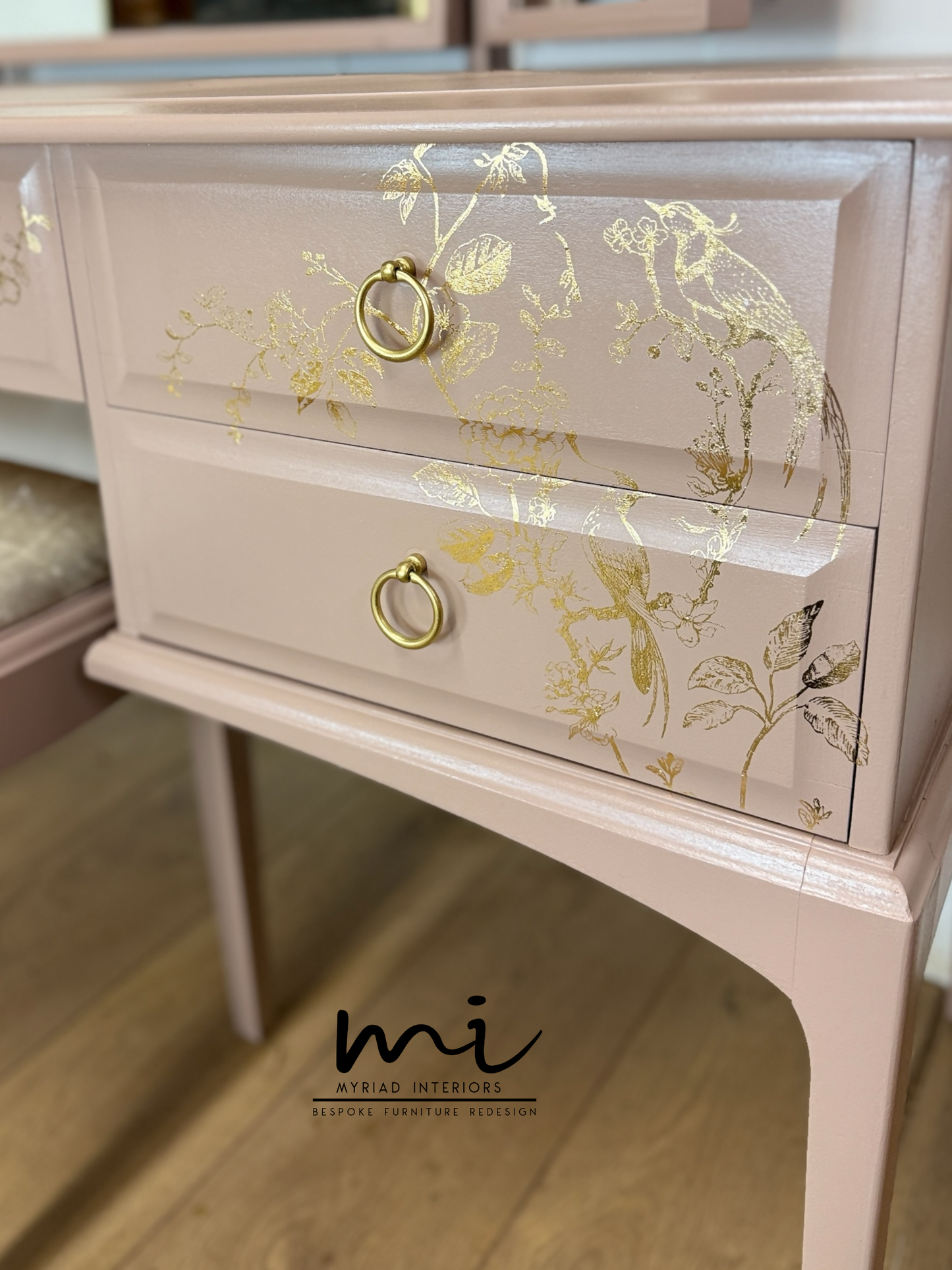 Painted to Order Pretty Dusky pink Stag Minstrel dressing table art with gold birds and flower design. Rose
