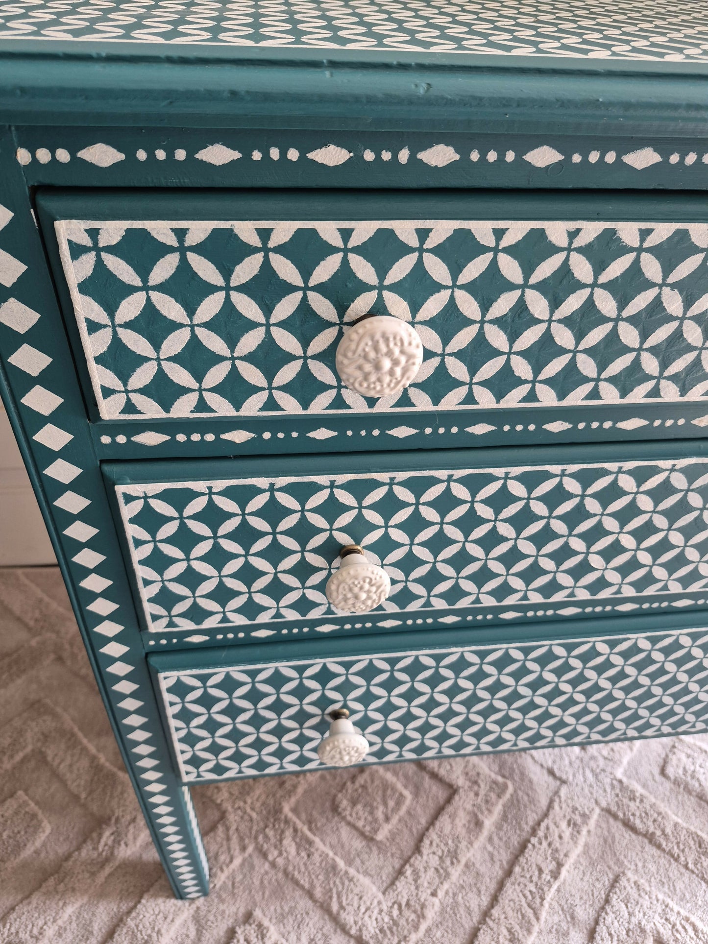 SOLD - Hand Painted Vintage Chest of Drawers: Hand-Stencilled Indian Inlay Inspired Furniture