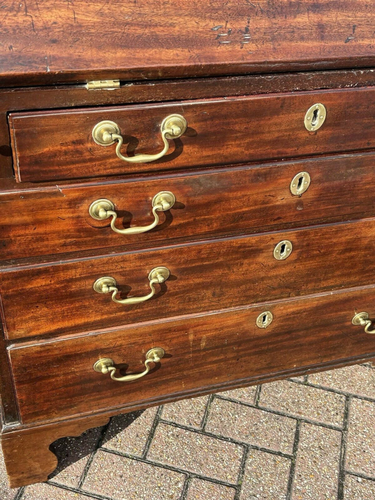English Georgian Mahogany Desk, Fitted Interior, Secret Drawers, Brass Handles