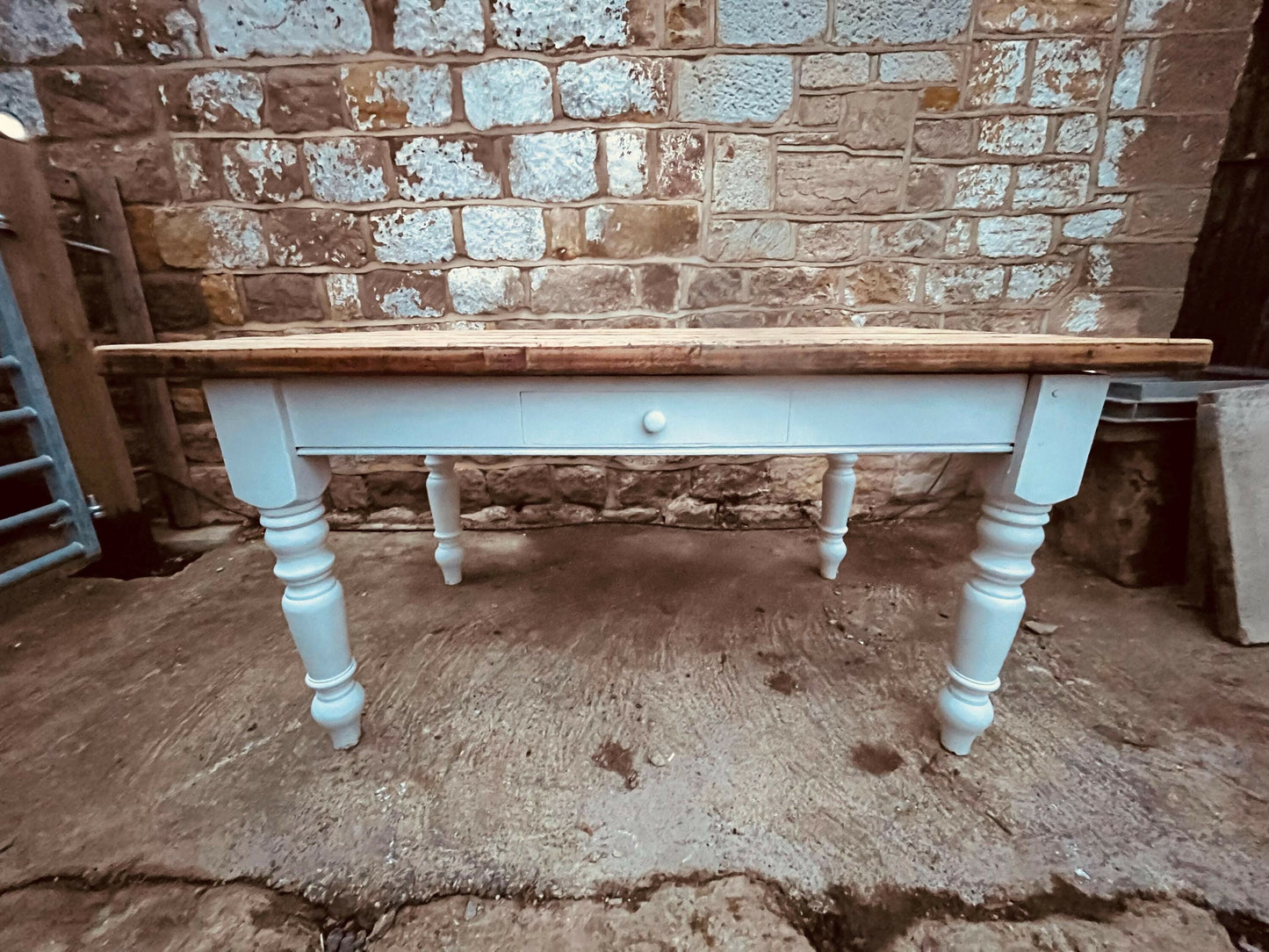 Vintage Farmhouse Table with Drawer – Rustic Reclaimed Pine Top & Painted Base – Country Kitchen Dining