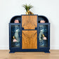 Curved Art Deco walnut drinks cocktail cabinet in navy blue and gold with peacock design. Glass display, Drinks cabinet, Sideboard