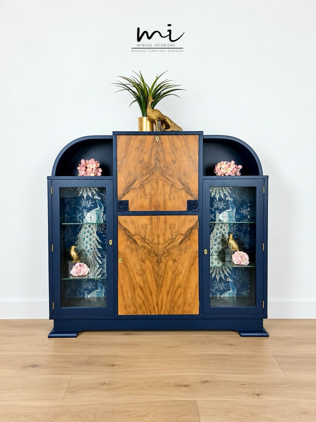 Curved Art Deco walnut drinks cocktail cabinet in navy blue and gold with peacock design. Glass display, Drinks cabinet, Sideboard