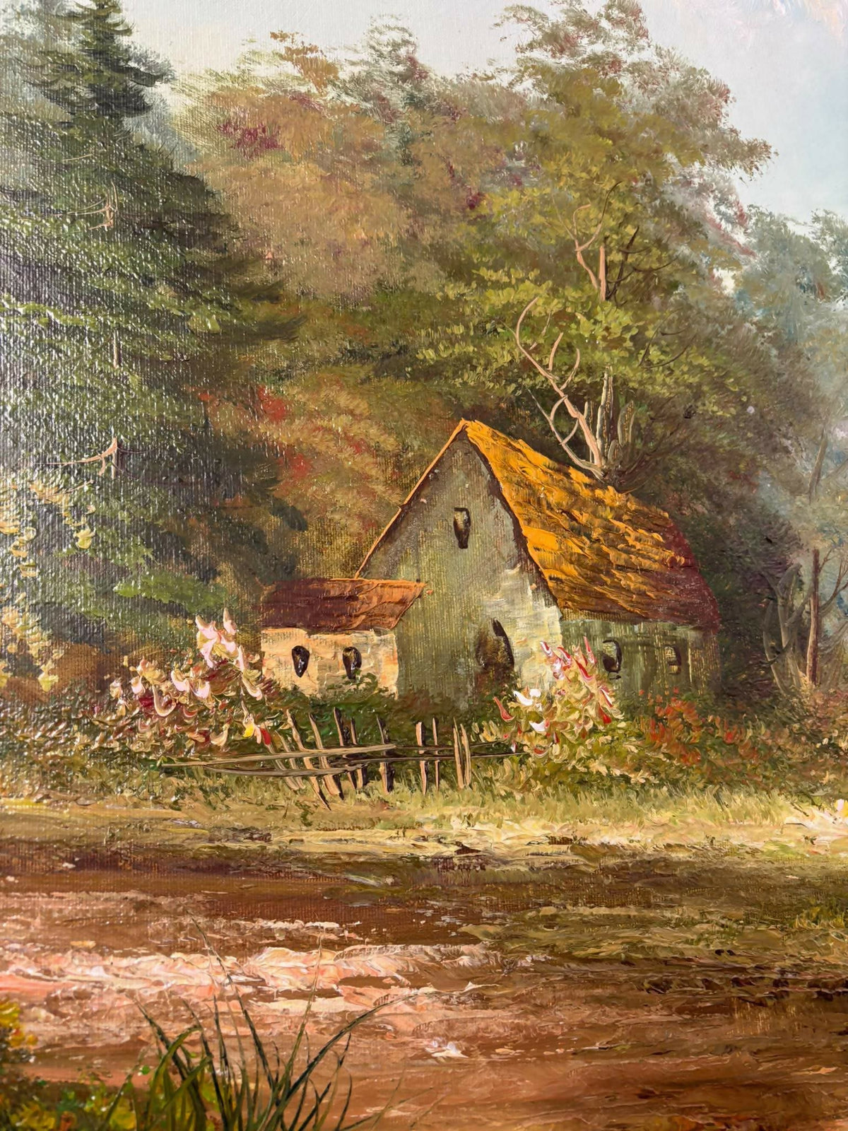 Large Signed Oil on Canvas – Woodland Cottage Landscape in Ornate Gilt Frame