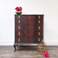 Vintage Navy Blue Flame Mahogany Dresser | Refurbished 5-Drawer Chest of Drawers | Brass Hardware Queen Anne Furniture