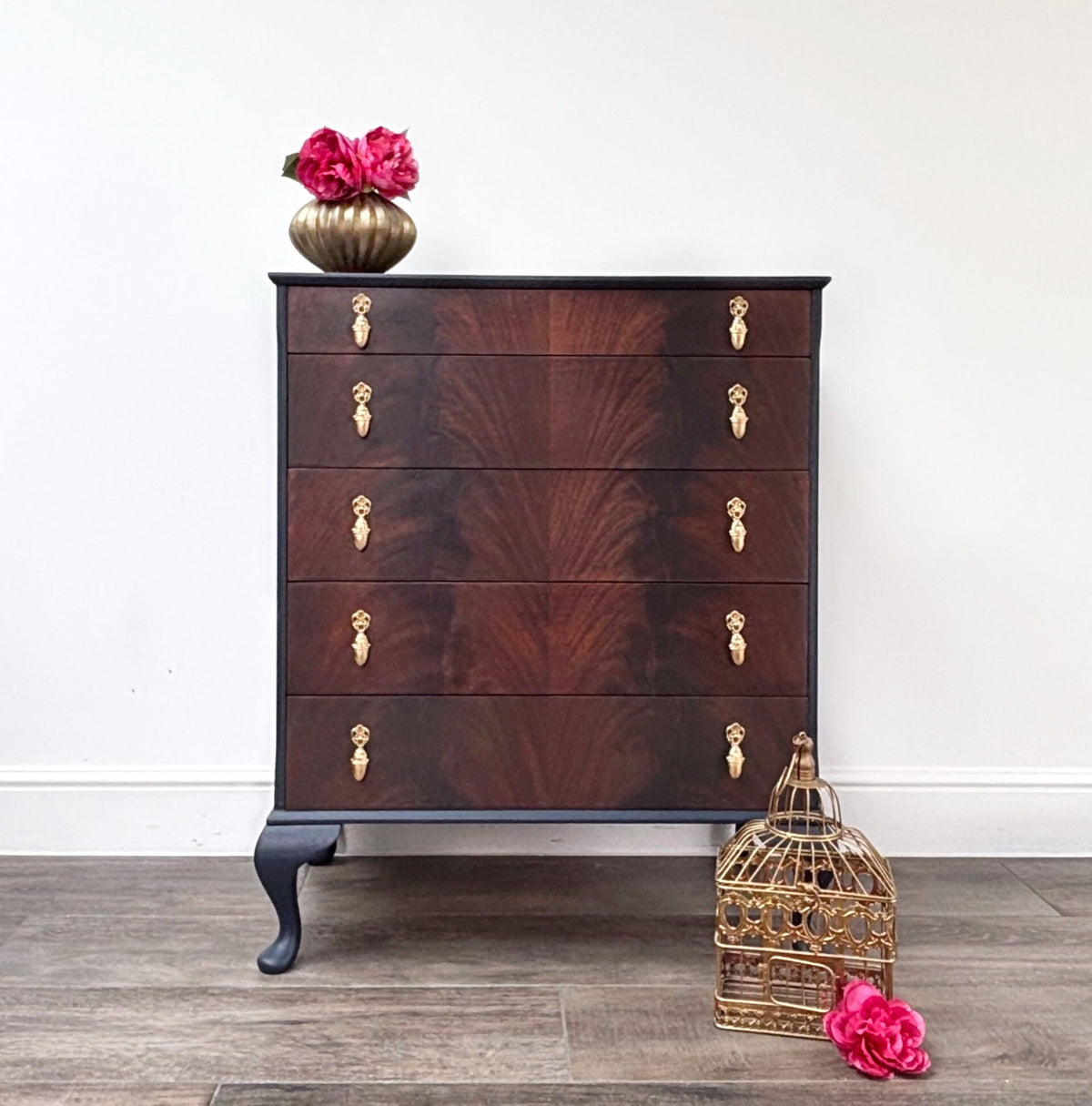 Vintage Navy Blue Flame Mahogany Dresser | Refurbished 5-Drawer Chest of Drawers | Brass Hardware Queen Anne Furniture