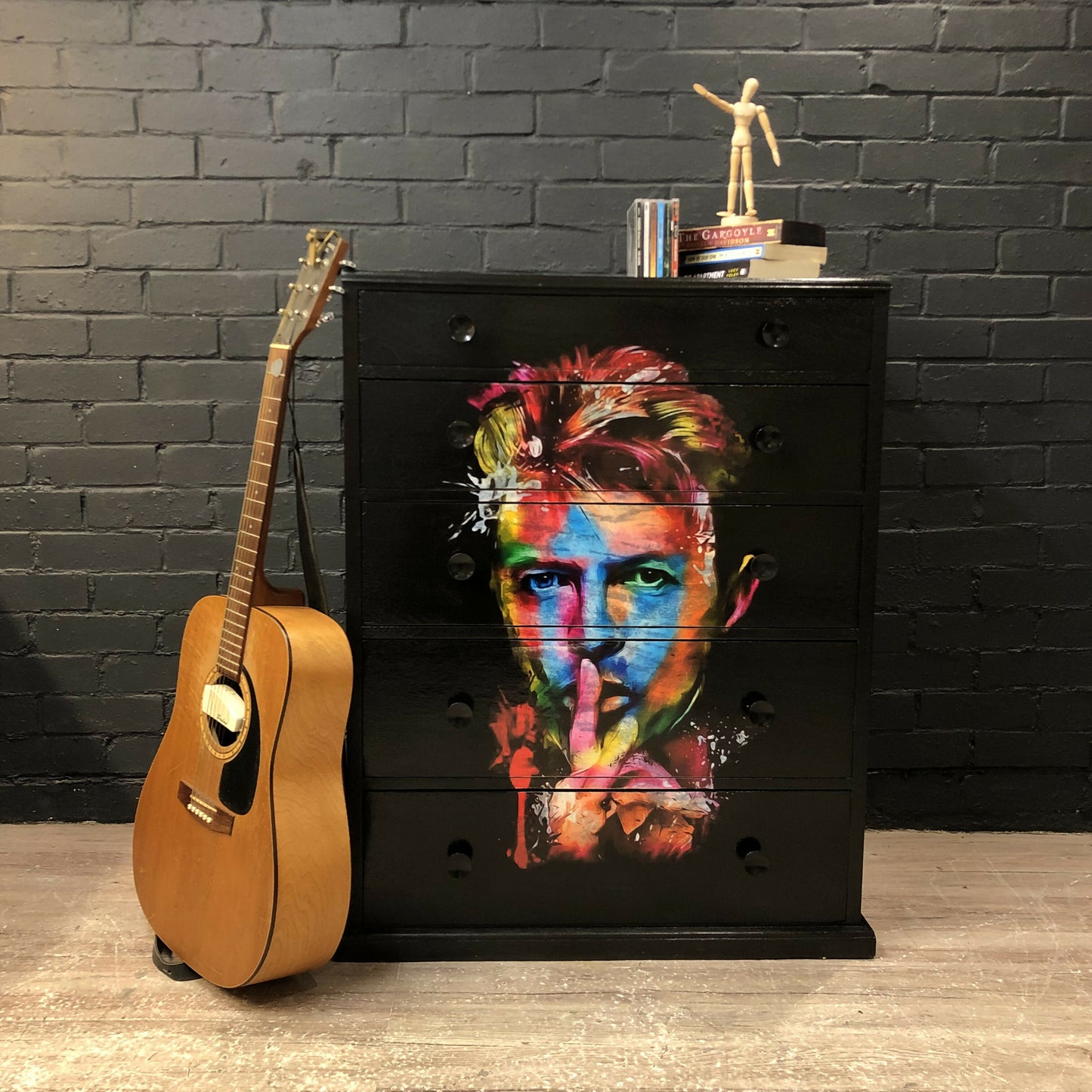 David Bowie Furniture / Ziggy Stardust Lightening Bolt Inspired, Pop Art Mid-Century Modern Black Painted Chest of Drawers, Glam Rock Interiors