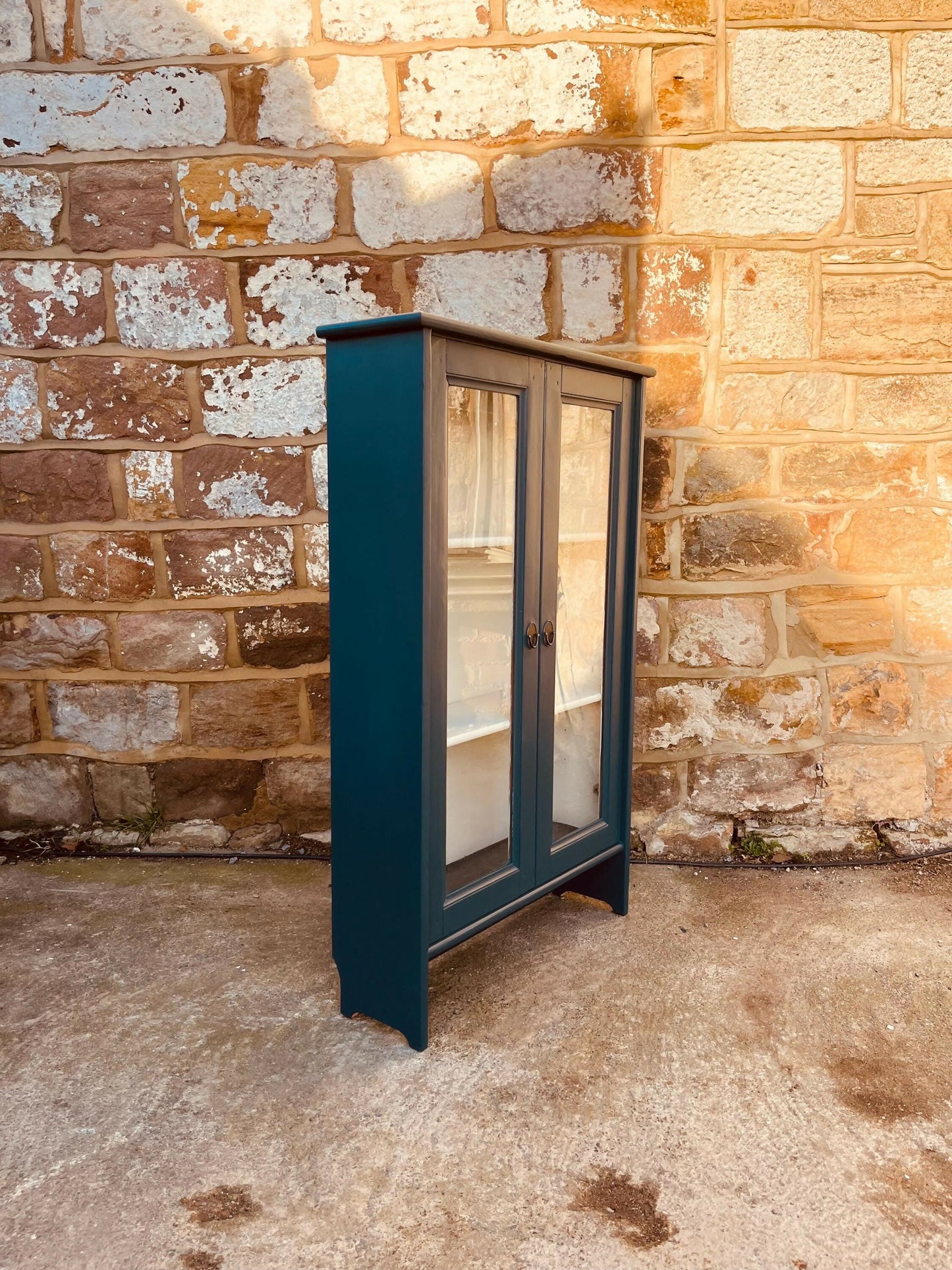 Vintage Glazed Display Cabinet | Hand Painted Teal Green Cupboard | Upcycled Wooden Bookcase | Cottage Kitchen Storage