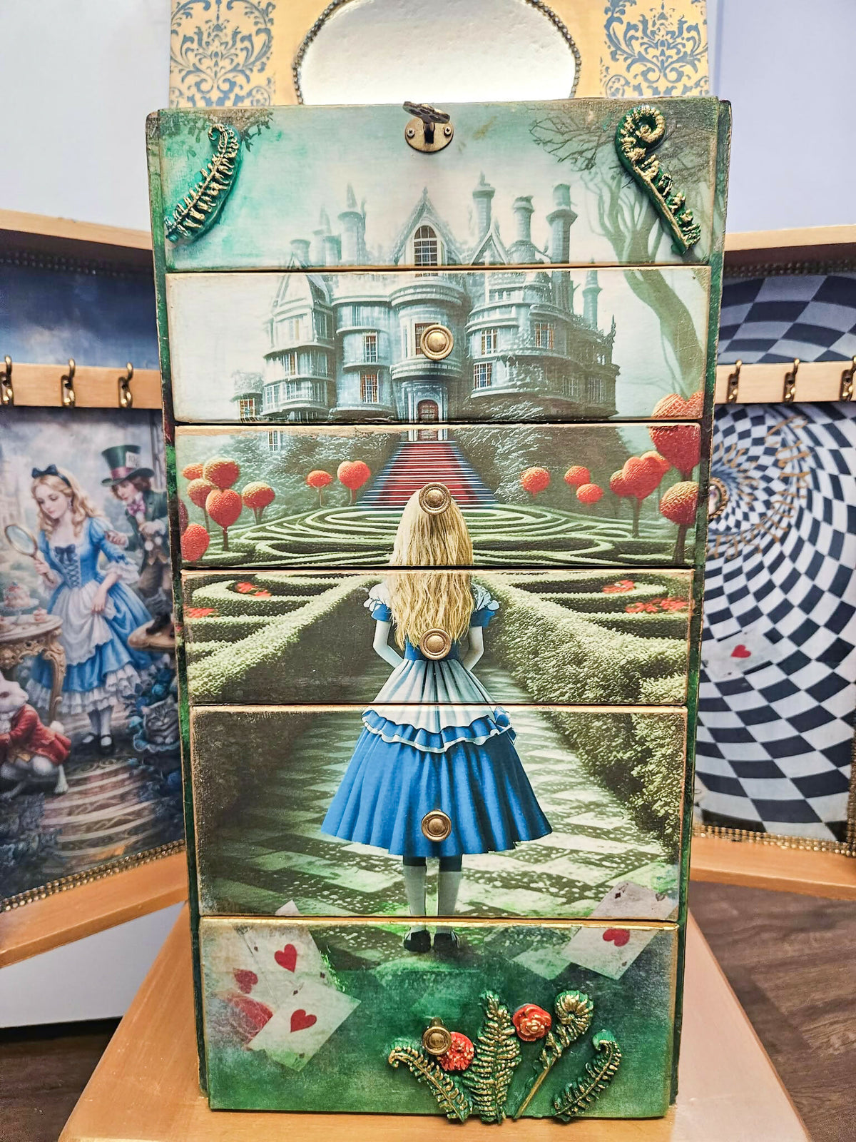Hand painted and Decoupaged Alice in Wonderland Jewellery Armoire, whimsical vintage jewellery cabinet