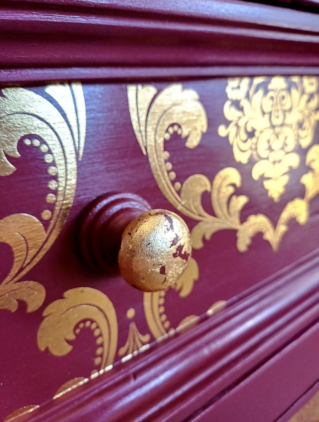 Upcycled Burgandy and Gold Chest of Drawers with Damask Design