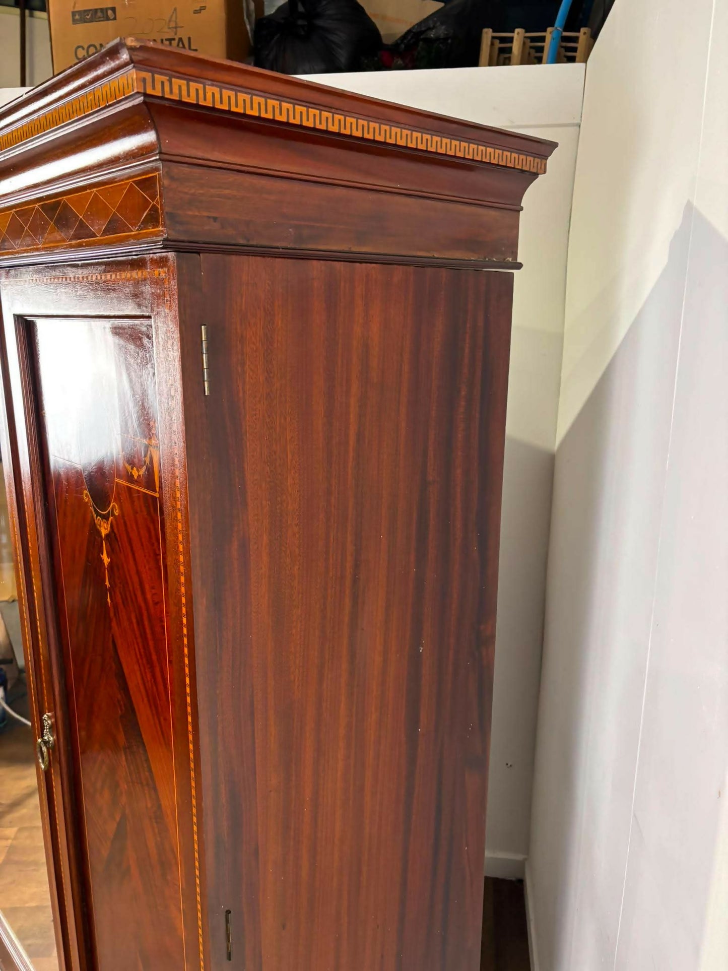 Edwardian Mahogany Inlaid Wardrobe / Armoire with Mirror & Drawers