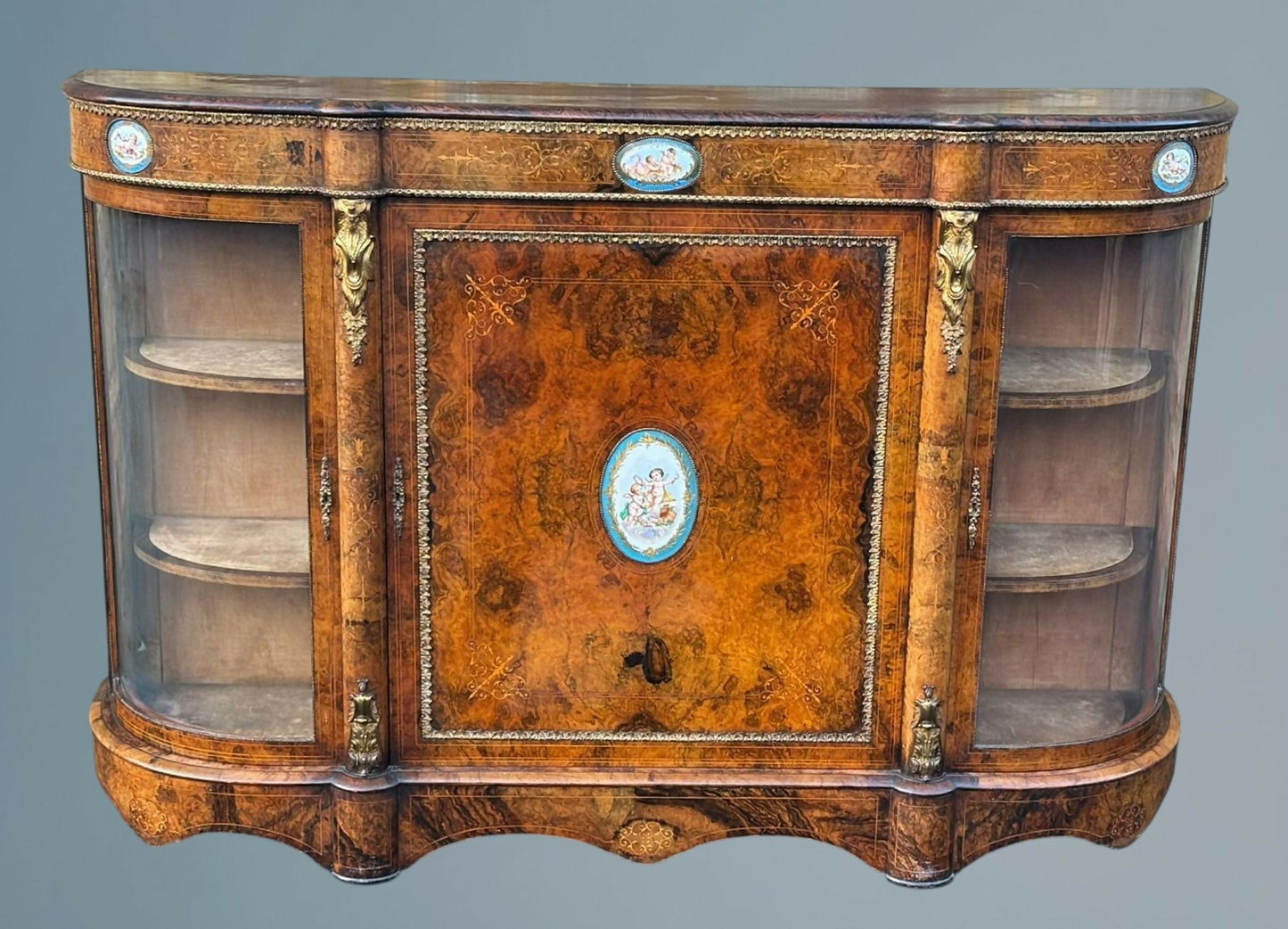 Victorian Inlaid Walnut Credenza Featuring Sevres Style Plaques