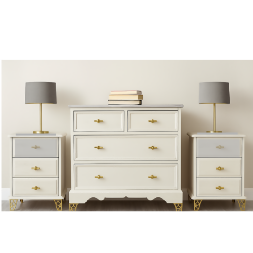 White/Cream and gold vintage bedroom set. Upcycled chest of drawers and bedside tables