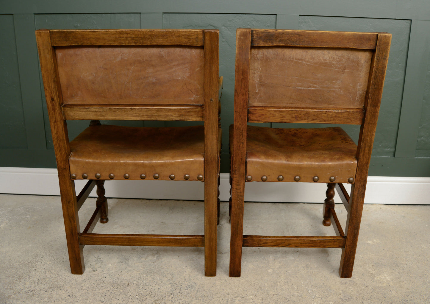 6 Oak Leather Dining Chairs - Cromwellian Style
