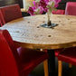 Original, Bespoke made Solid Cable Reel Round Dining Table, with four Bespoke made Dark Fuchsia Chairs