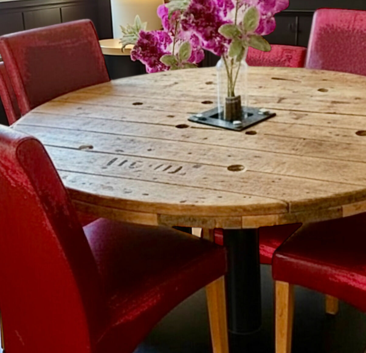 Original, Bespoke made Solid Cable Reel Round Dining Table, with four Bespoke made Dark Fuchsia Chairs