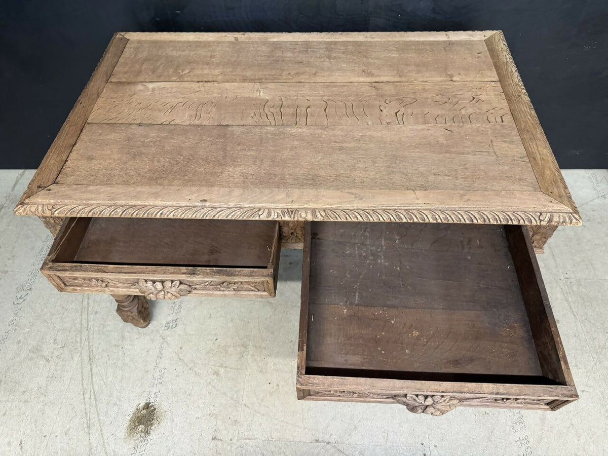 French Bleached Oak Carved Writing Desk